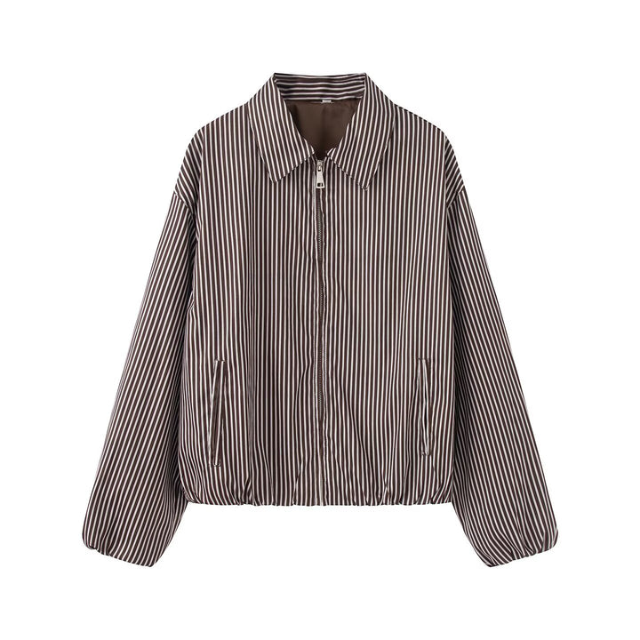Damen Leichte gestreifte Blousonjacke mit Reißverschluss, Hemdkragen und elastischem Saum Echoarchiv