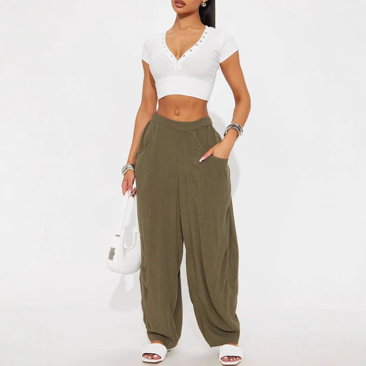 Damen Weite Relax-Hose mit hohem Komfortbund, tiefen Eingrifftaschen & lockerem Palazzo-Schnitt – Avérine