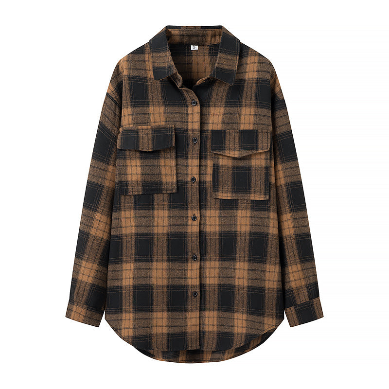 Damen Oversize‑Karo‑Hemdbluse mit aufgesetzten Brusttaschen und abgerundetem Saum Echo Archiv