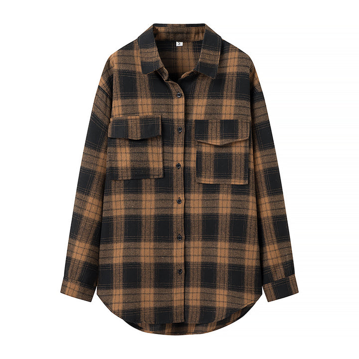 Damen Oversize‑Karo‑Hemdbluse mit aufgesetzten Brusttaschen und abgerundetem Saum Echo Archiv
