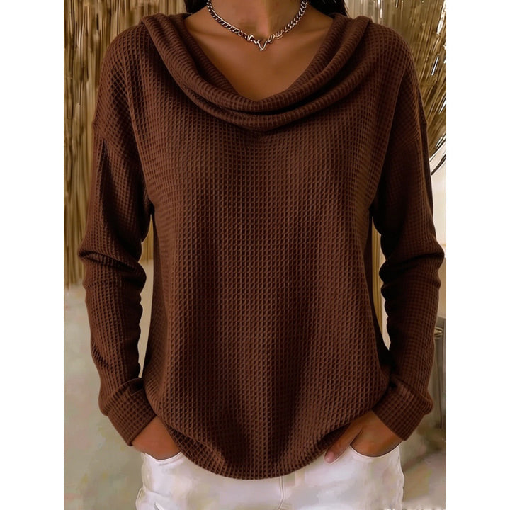 Damen Lässiger Waffelstrick-Pullover mit weitem Wasserfallkragen und gerundetem Saum Echoarchiv