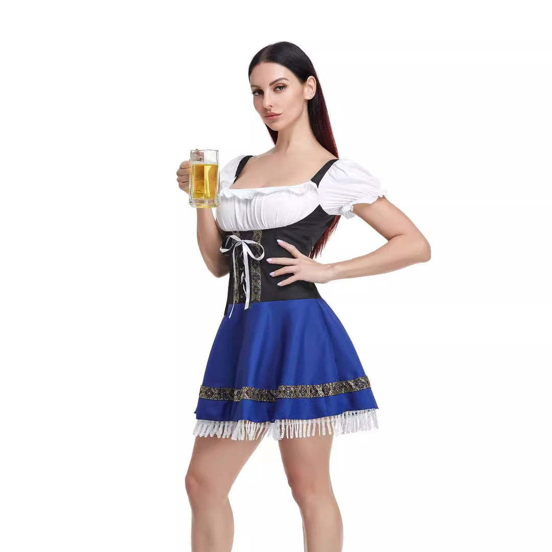 Damen traditionelles Dirndlkleid mit Spitzenärmeln Miederkorsage und geraffter Schürze – Élara