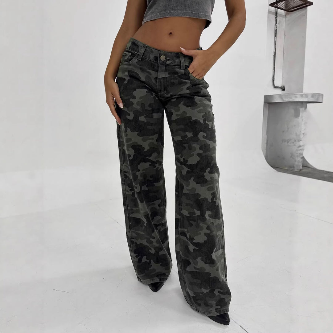 Damen Camouflage-Denim Schlaghose mit hoher Taille und weitem Bein – Avélisse