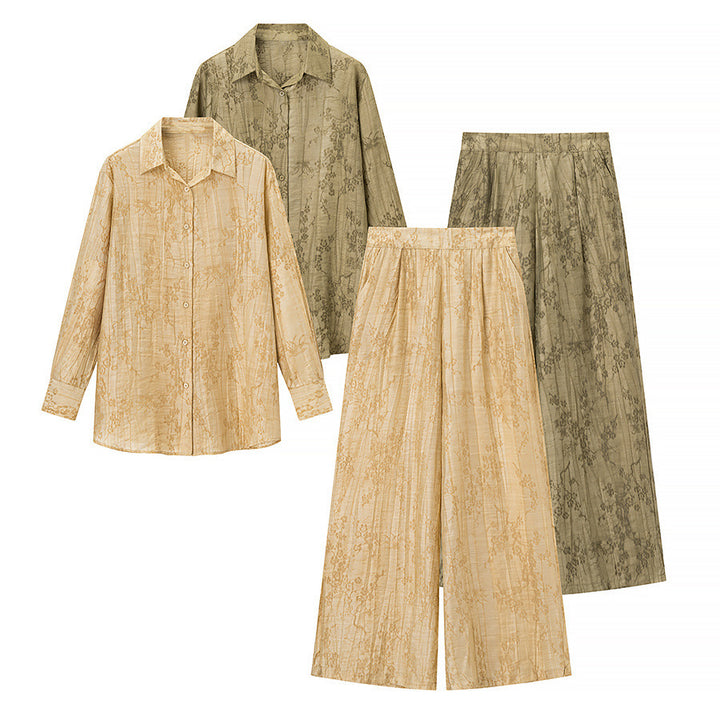 Damen Zweiteiliges Jacquard-Loungewear-Set mit Hemdbluse und weiter Palazzohose Echo Archiv