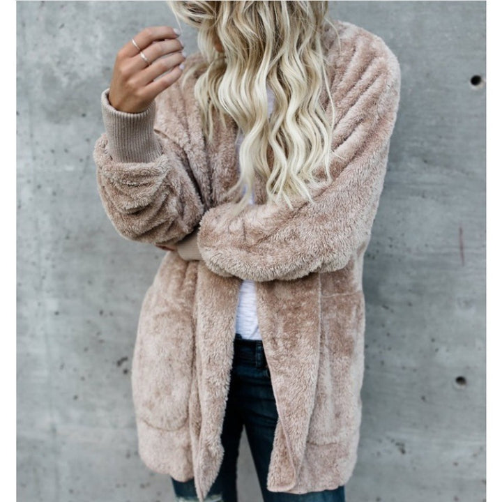 Damen Oversize Teddy‑Fleece‑Mantel mit offener Front, Eingrifftaschen und Rippbündchen – Montévia