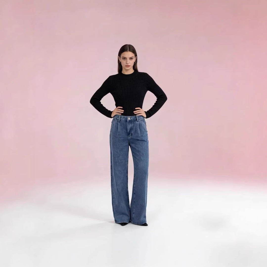 Damen nan hochgeschnittene Bundfalten-Weitbein-Jeans mit hohem Bund und Gürtelschlaufen Echo Archiv