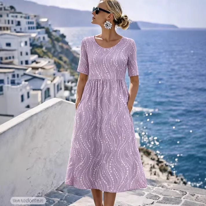 Damen Leichtes Midikleid mit Empire-Taille, halblangen Ärmeln und Eingrifftaschen Echoarchiv