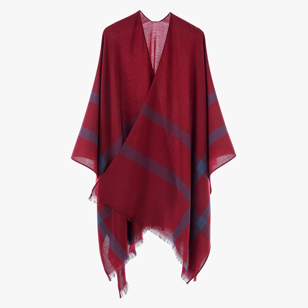Damen leichter Feinstrick-Cape mit diagonalen Kontraststreifen und Fransen Echo Archiv
