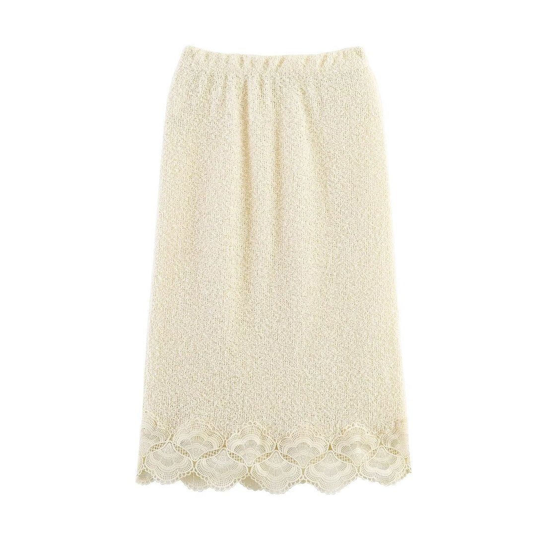 Damen Bouclé-Strickpullover mit Spitzenbesatz und gewelltem Saum Echo Archiv