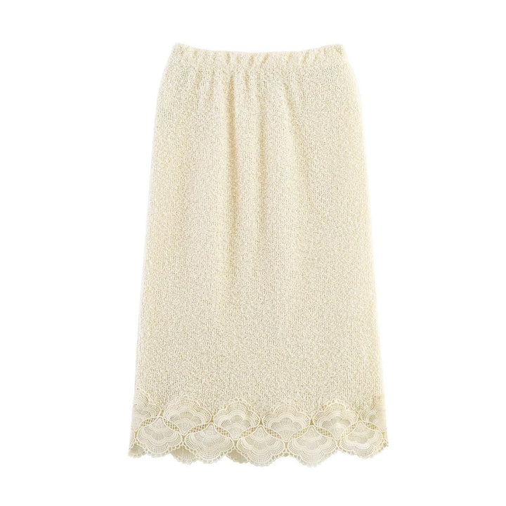 Damen Bouclé-Strickpullover mit Spitzenbesatz und gewelltem Saum Echo Archiv