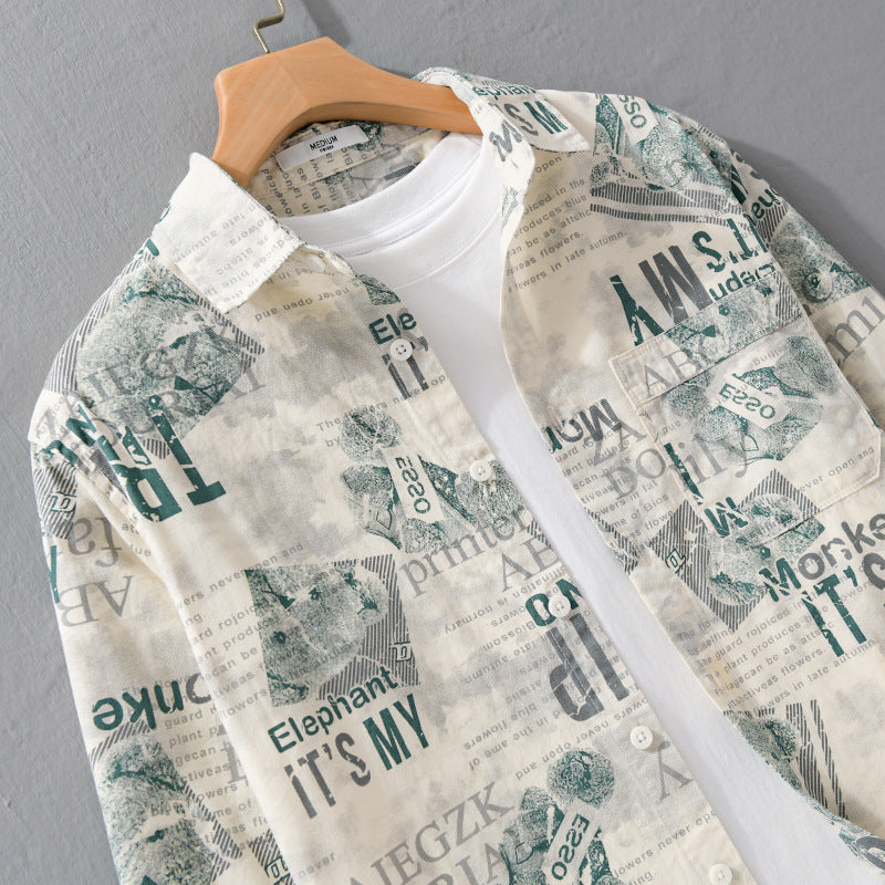 Herren Overshirt aus Baumwoll‑Leinen mit typografischem Zeitungsprint und Relaxed‑Fit Echoarchiv