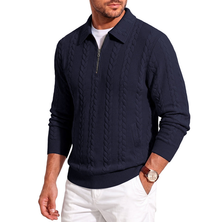 Herren Polokragen-Strickpullover mit Zopfstruktur und Halbzip Echoarchiv