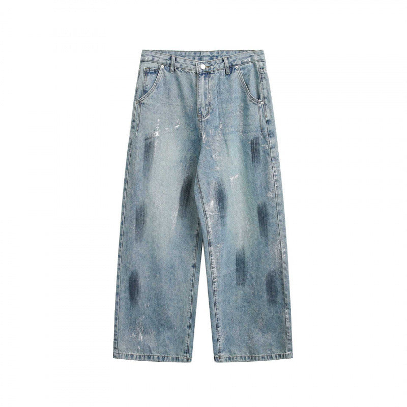 Unisex Weite Cropped-Jeans im Used-Look mit hohem Bund und Paint-Effekt Echo Archiv