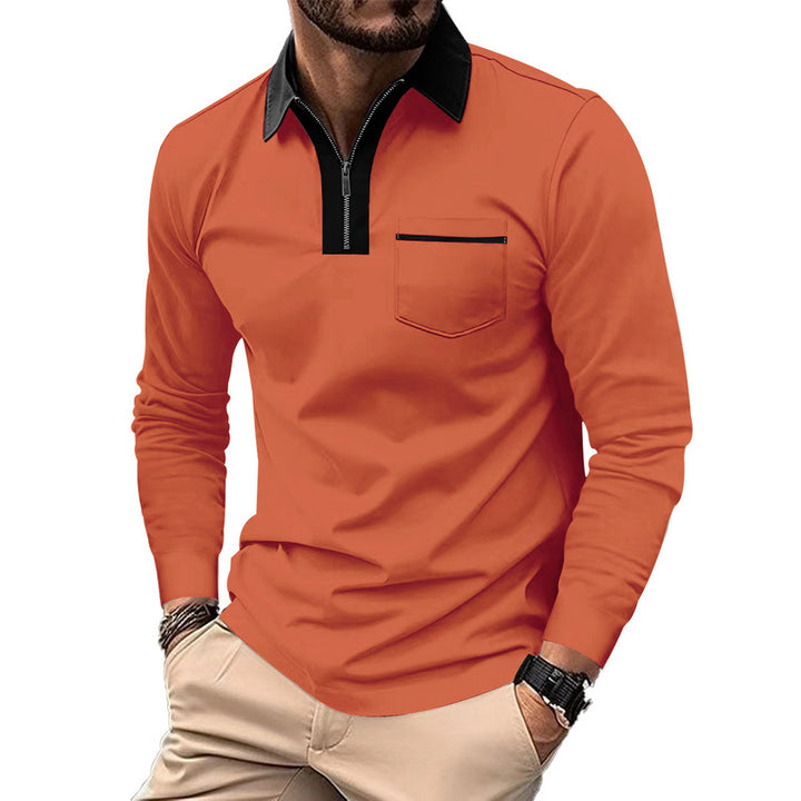 Herren nan elegantes Langarm-Poloshirt mit markantem Stehkragen Metall-Kurzreißverschluss und Brustleistentasche Echo Archiv