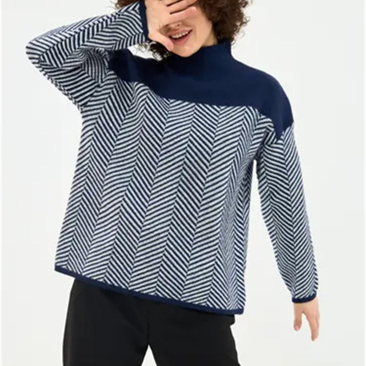 Damen Strickpullover mit Stehkragen und Fischgrätmuster – Mavelle