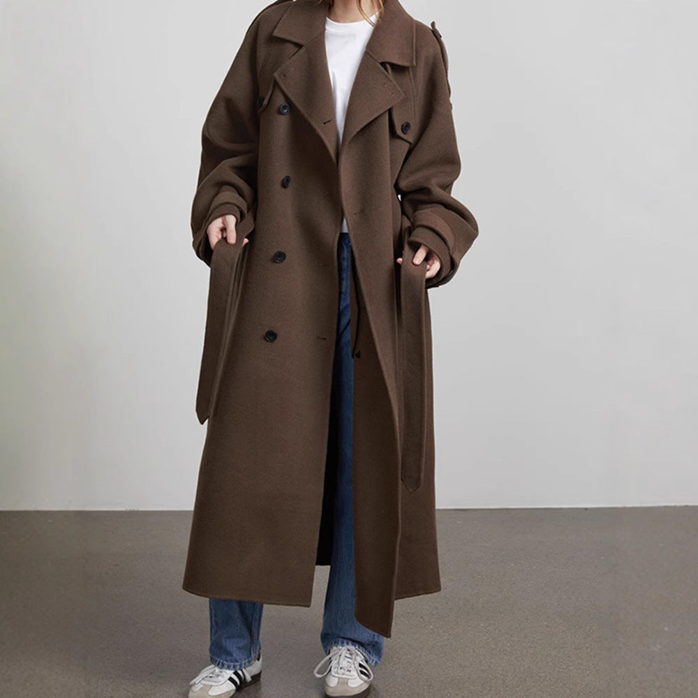 Damen Oversize Wollmantel mit breitem Reverskragen und Taillengürtel Echoarchiv