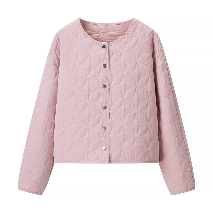 Damen gesteppte Boxy-Übergangsjacke mit floraler Steppstruktur, leicht wattiertem Innenfutter und Druckknopfleiste – Célinea