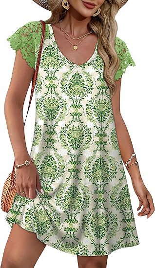 Damen Sommerkleid mit eleganten Spitzenärmeln und floralem Muster Echo Archiv