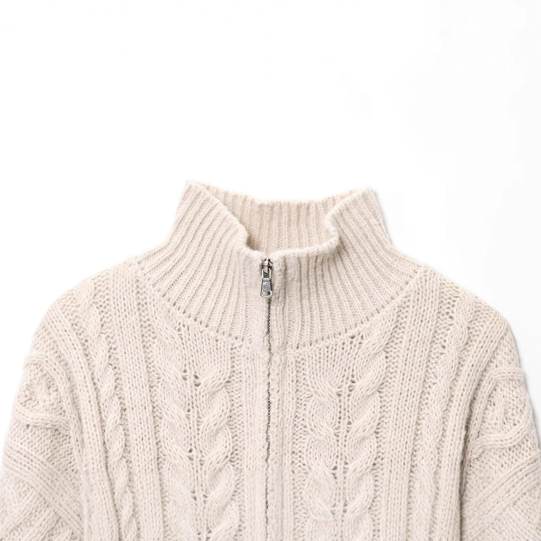 Damen Grobgestrickte Zopfstrick-Cardigan mit Stehkragen und Reißverschluss Echoarchiv