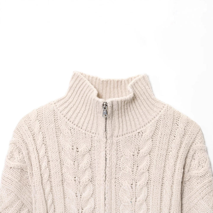 Damen Grobgestrickte Zopfstrick-Cardigan mit Stehkragen und Reißverschluss Echoarchiv