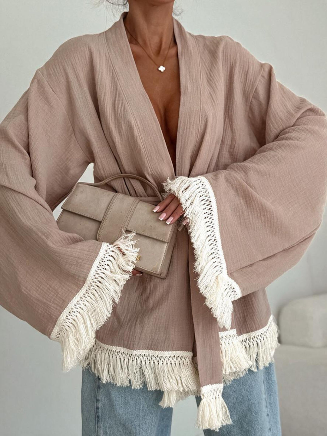 Damen Fransen-Kimono-Jacke aus Leinenoptik mit Taillengürtel Echoarchiv
