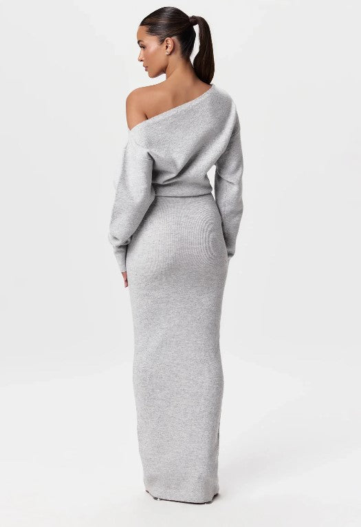Damen One-Shoulder Maxi Strickkleid mit Übergroßen Ärmeln Echoarchiv
