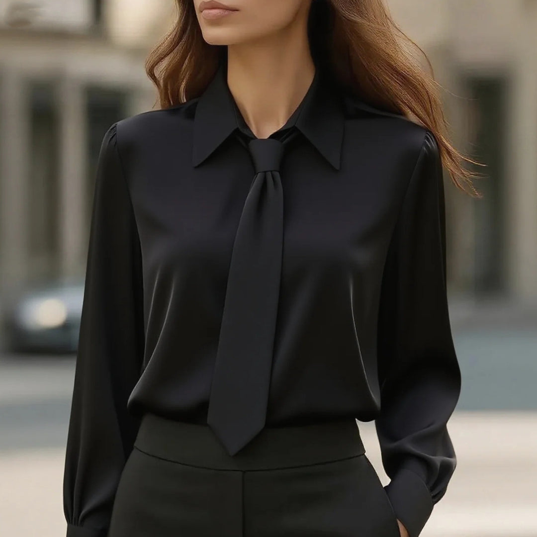 Damen Seidige Business Bluse mit Hemdkragen und integrierter Schleife Echoarchiv