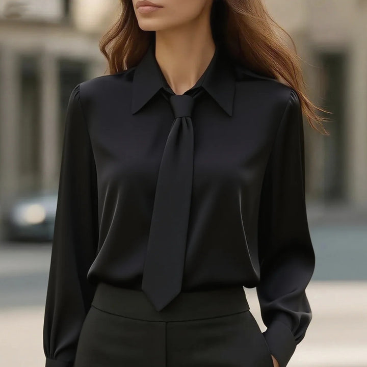 Damen Seidige Business Bluse mit Hemdkragen und integrierter Schleife Echoarchiv