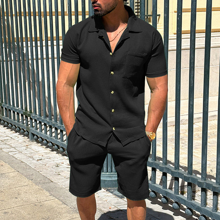 Herren lässiges Kurzarmhemd und Bermuda-Shorts Set mit strukturiertem Design Echoarchiv