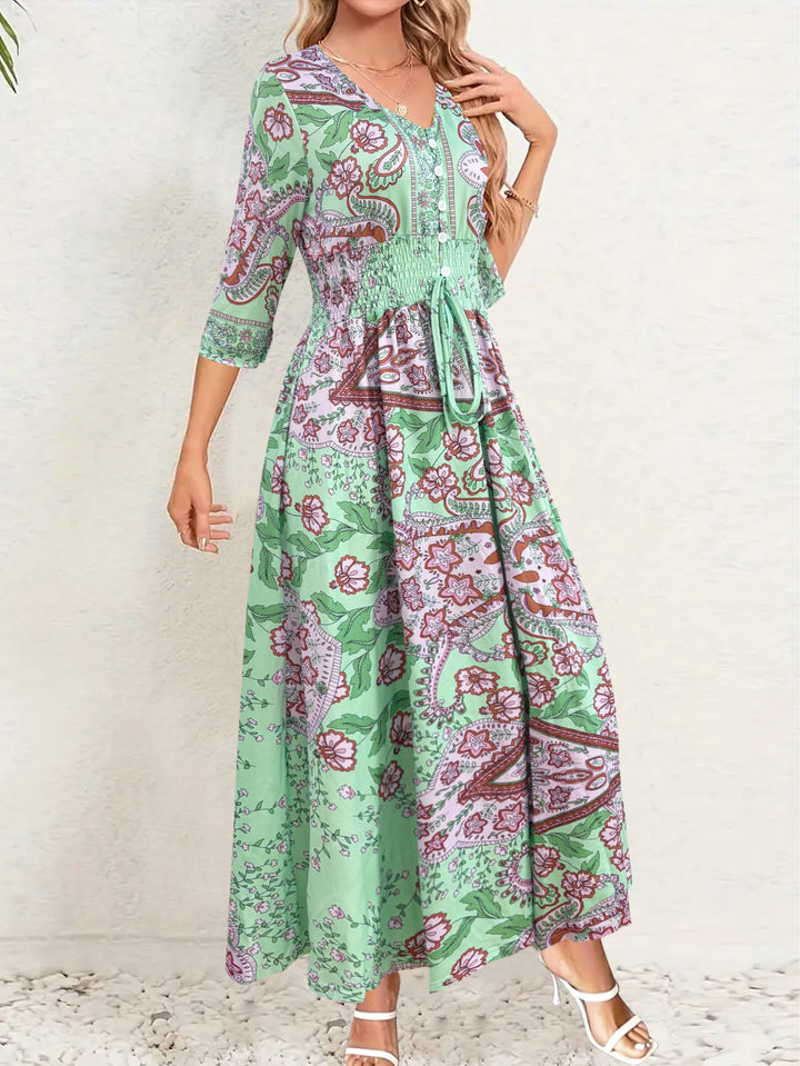 Damen Boho-Maxikleid mit V-Ausschnitt, Knopfleiste und Smokbund Echoarchiv