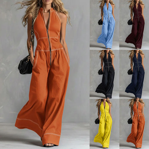 Damen Ärmelloser Halter-Jumpsuit mit Reißverschluss, weitem Bein und Eingrifftaschen Echoarchiv