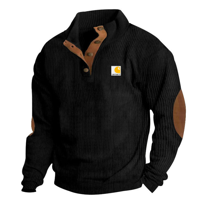 Herren nan Strickpullover im Troyer-Stil mit Stehkragen Lederbesatz Druckknopfleiste und Ellbogen-Patches Echo Archiv