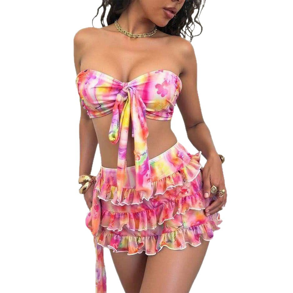 Damen Bandeau-Bikini-Set mit Rüschen und Wickeltuch Echo Archiv