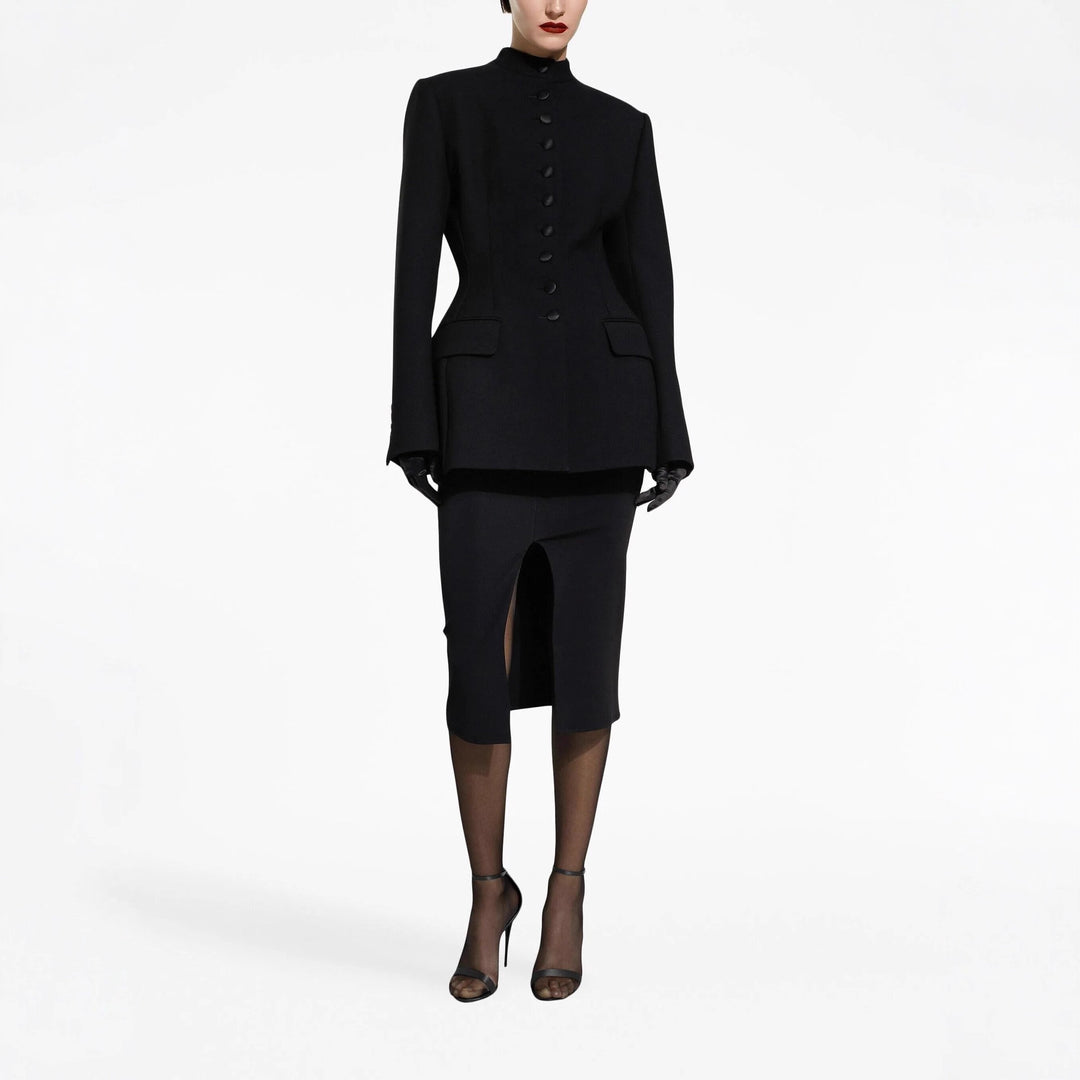 Damen Taillierter Blazer mit Stehkragen, strukturierter Schulter und dekorativer Knopfleiste Echoarchiv