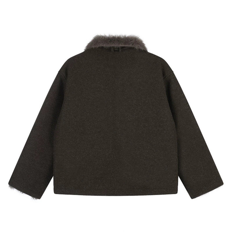 Damen Kurz geschnittene Wolljacke mit Kunstfellbesatz und asymmetrischer Knopfleiste Echoarchiv