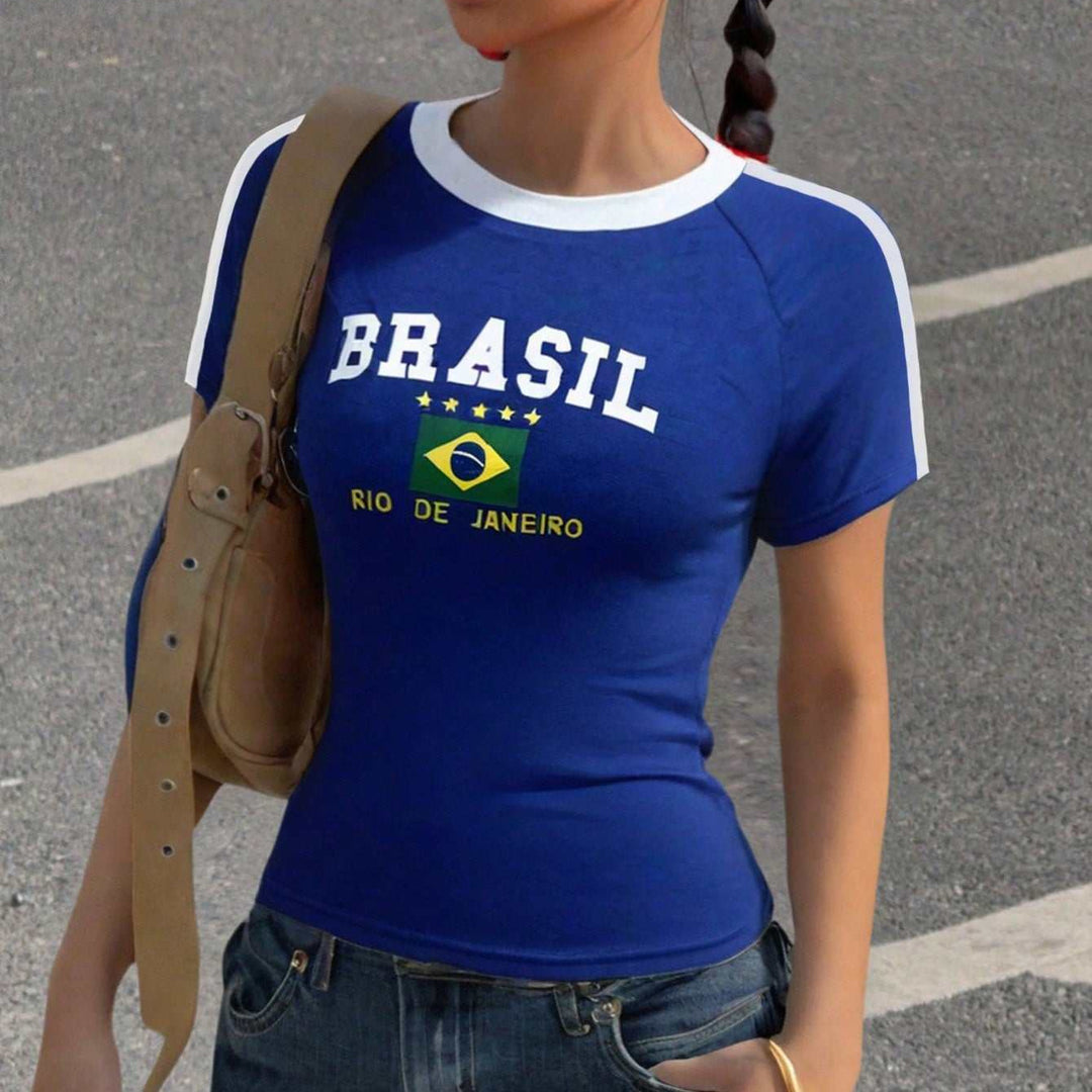 Damen T-Shirt mit kreativem Brasilien-Design und körperbetontem Schnitt Echo Archiv