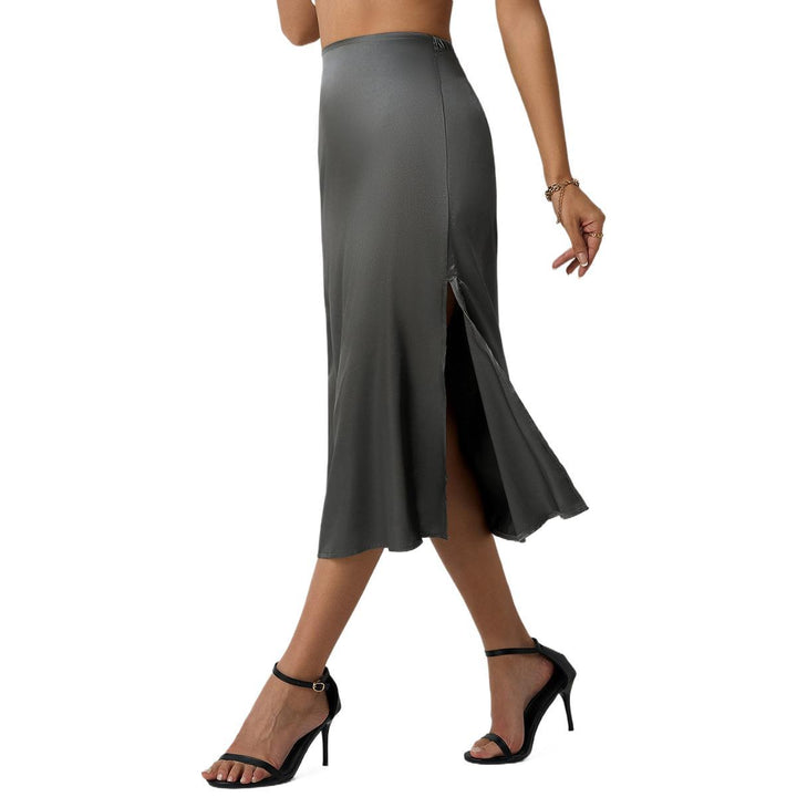 Damen eleganter Satin-Midirock mit fließendem Schnitt und hohem Bund – Rosévia