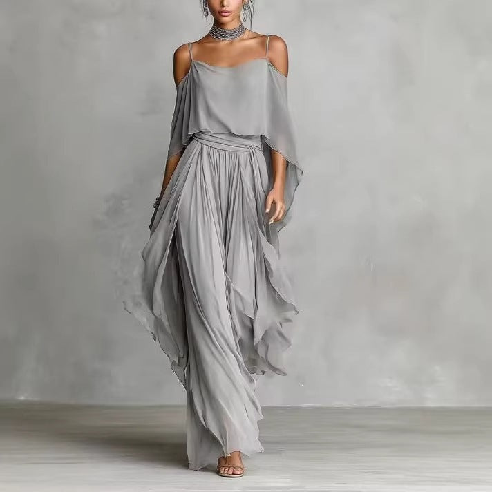 Damen Lange Chiffon Maxi Kleid mit Kaltem Schulter, Spaghetti-Träger und Geschichtetem Cape – Valéora