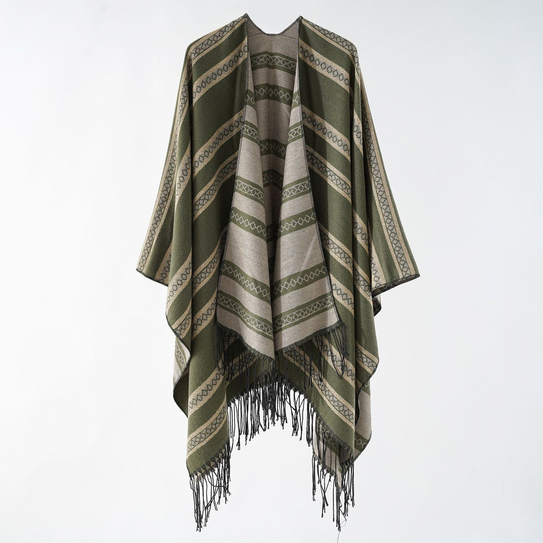 Damen Langer Webponcho im Cape-Stil mit Streifen-Jacquard und Fransen Echo Archiv
