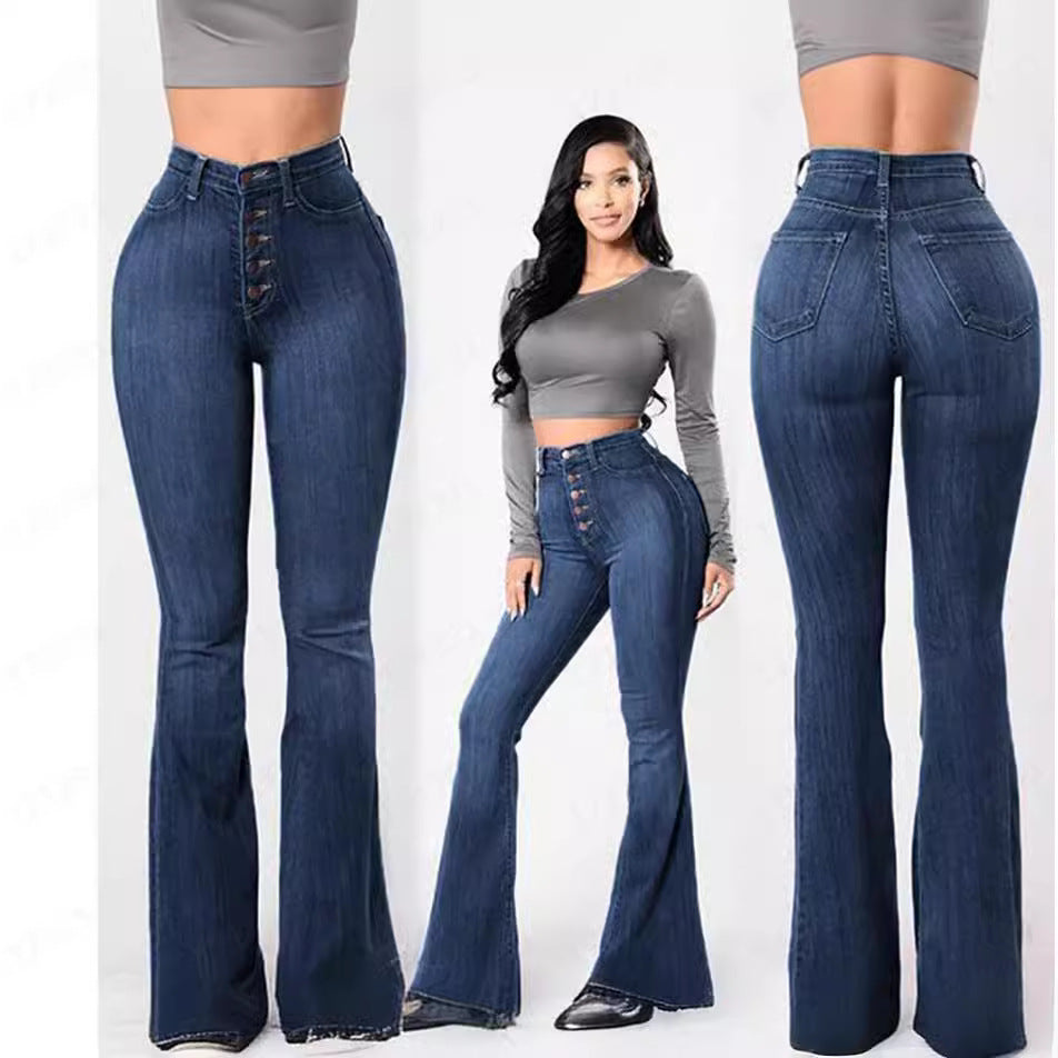 Damen nan hochgeschnittene Bootcut-Jeans mit sichtbarer Knopfleiste, figurformendem Stretch und schlankem Oberschenkel Echo Archiv