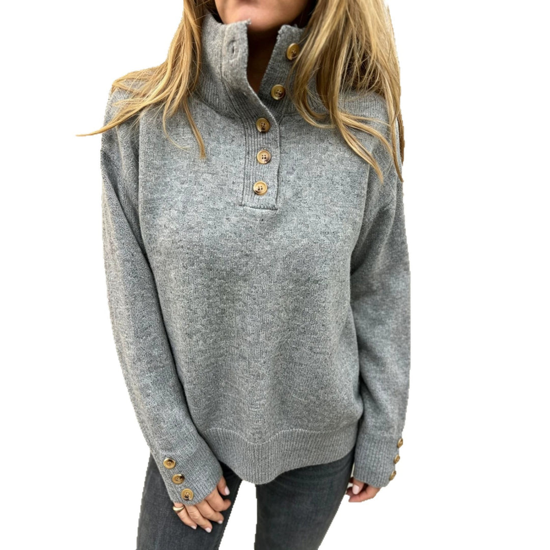Damen Strickpullover mit hohem Knopfkragen, dekorativer Frontleiste und Zierknöpfen – Mavelle