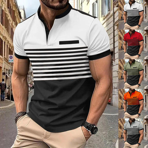 Herren nan kurzärmeliges Streifen-Kurzarmshirt mit Knopfleiste, Stehkragen und Brustpaspel Echo Archiv