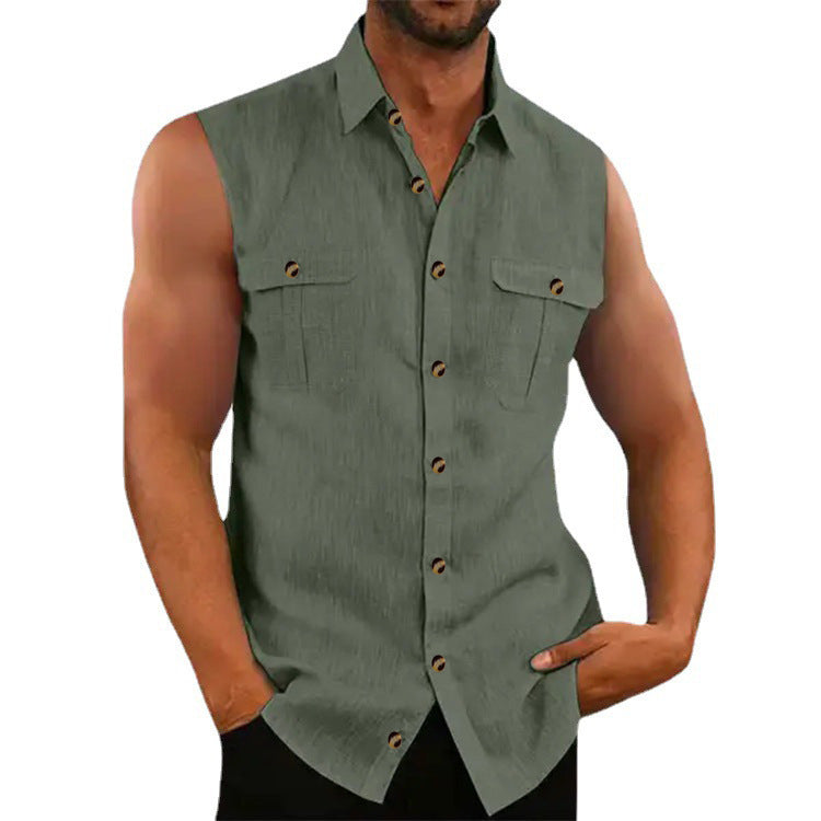 Herren ärmelloses Chambray-Hemd mit Brusttaschen und Knopfdetails Echoarchiv