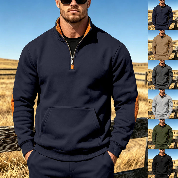 Herren Athletisches Halbzip-Sweatshirt mit Ellenbogenpatches und Kängurutasche Echoarchiv