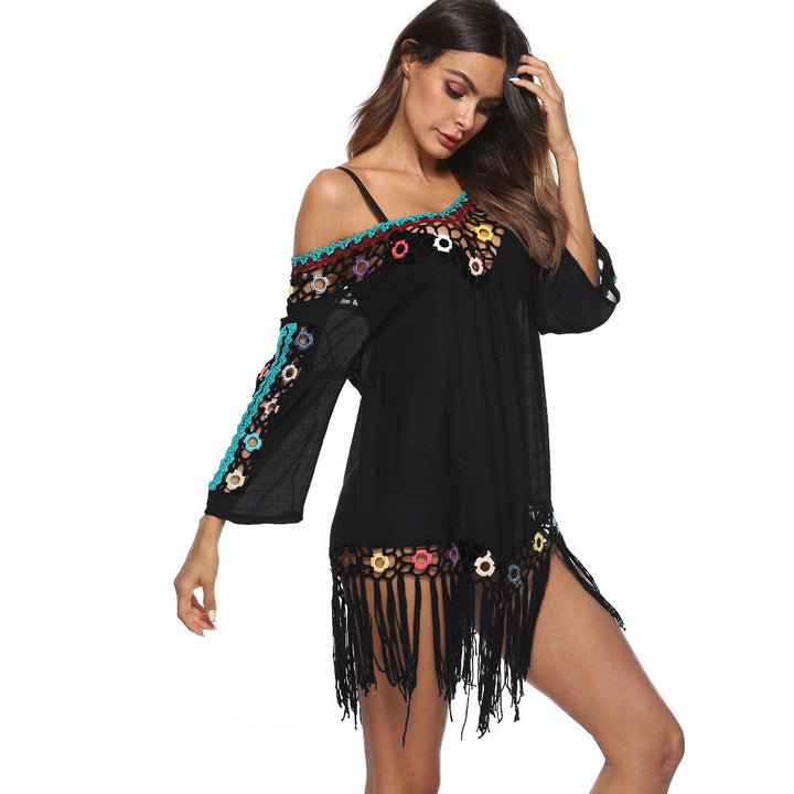 Damen Elegante Häkel-Strandtunika mit fransigen Details und bunten Applikationen Echo Archiv