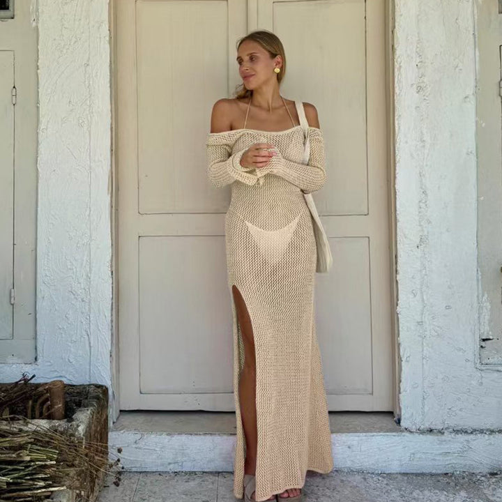 Damen luftiges Häkel-Maxikleid mit schulterfreier Optik und hohem Schlitz Echo Archiv