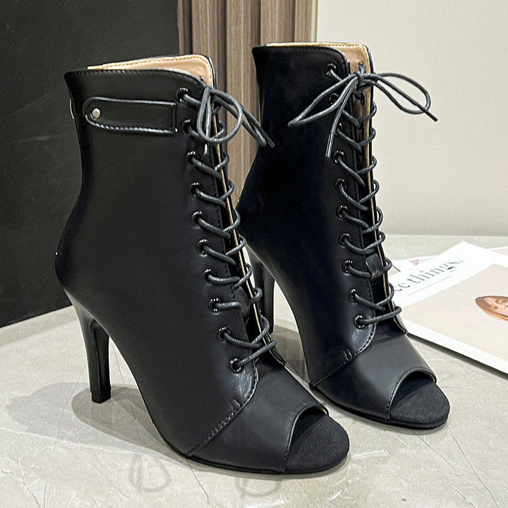 Damen Elegante Schnür-Ankleboots mit offenem Zehenbereich und schlankem Stilettoabsatz – Varelle