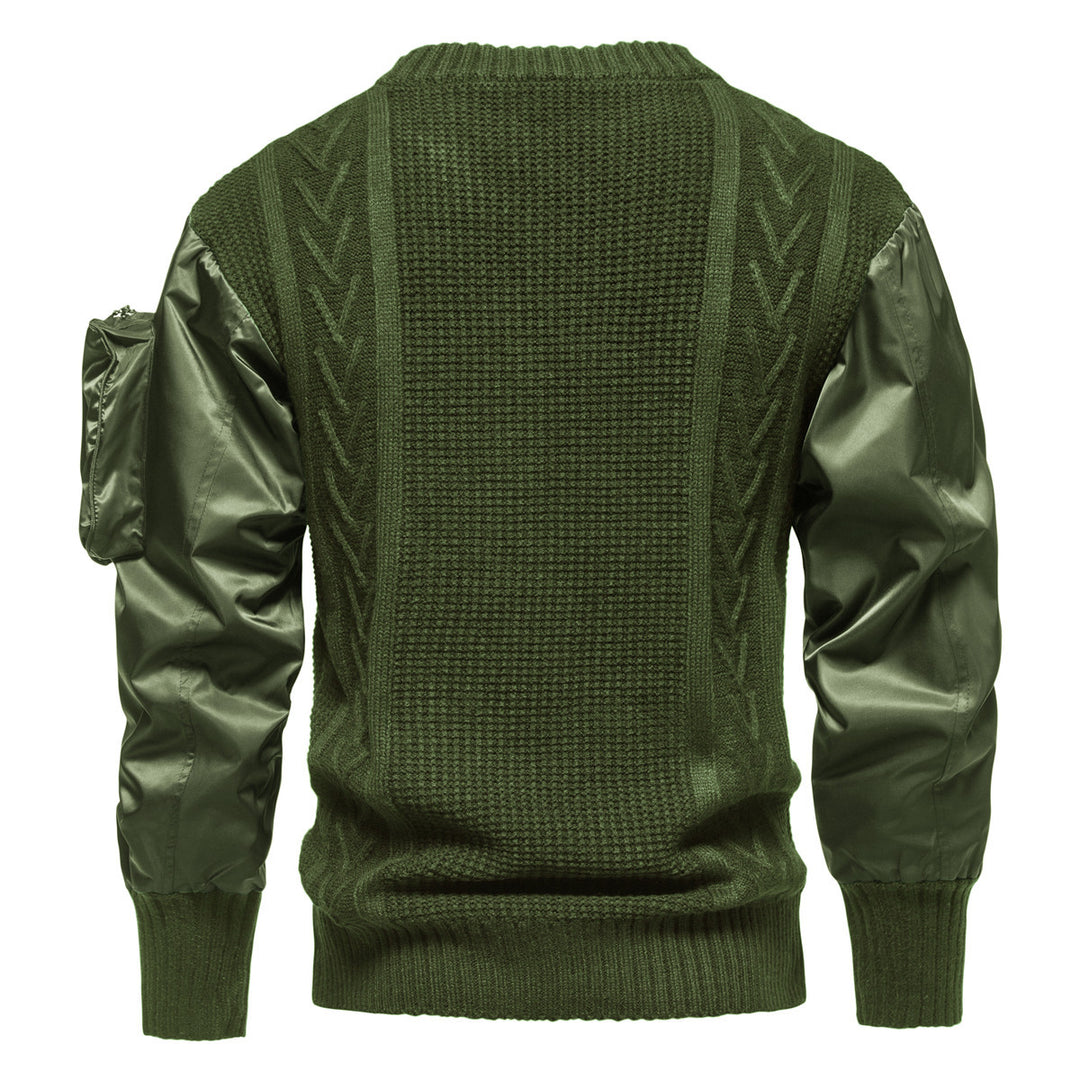 Herren Grobstrickpullover mit modernen Kunstlederärmeln Echoarchiv
