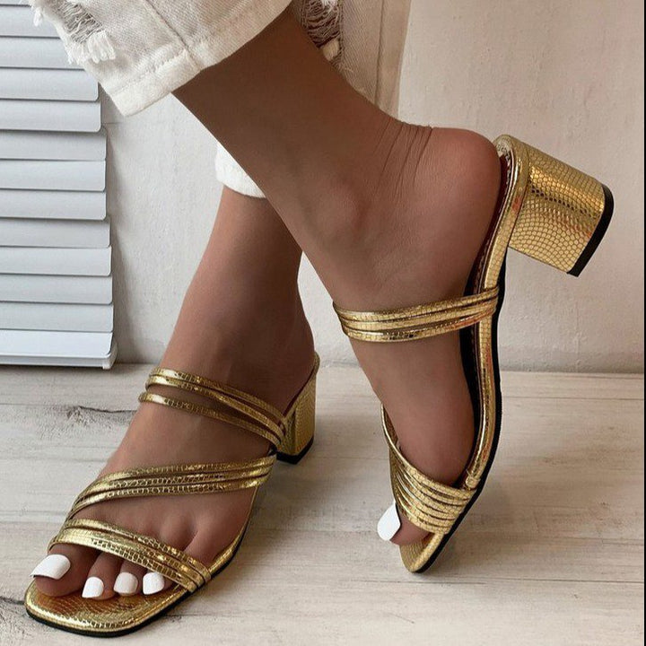 Damen nan elegante Mehrfachriemen-Mule mit mittelhohem Blockabsatz und Schlangenprägung Echo Archiv
