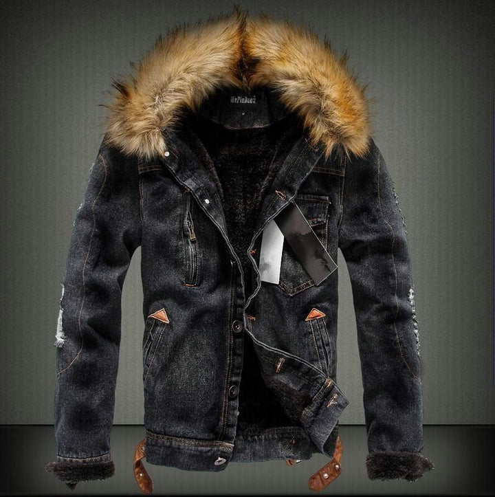 Herren Denim-Truckerjacke mit Teddyfutter, Kunstfellkapuze und Used-Details Echoarchiv